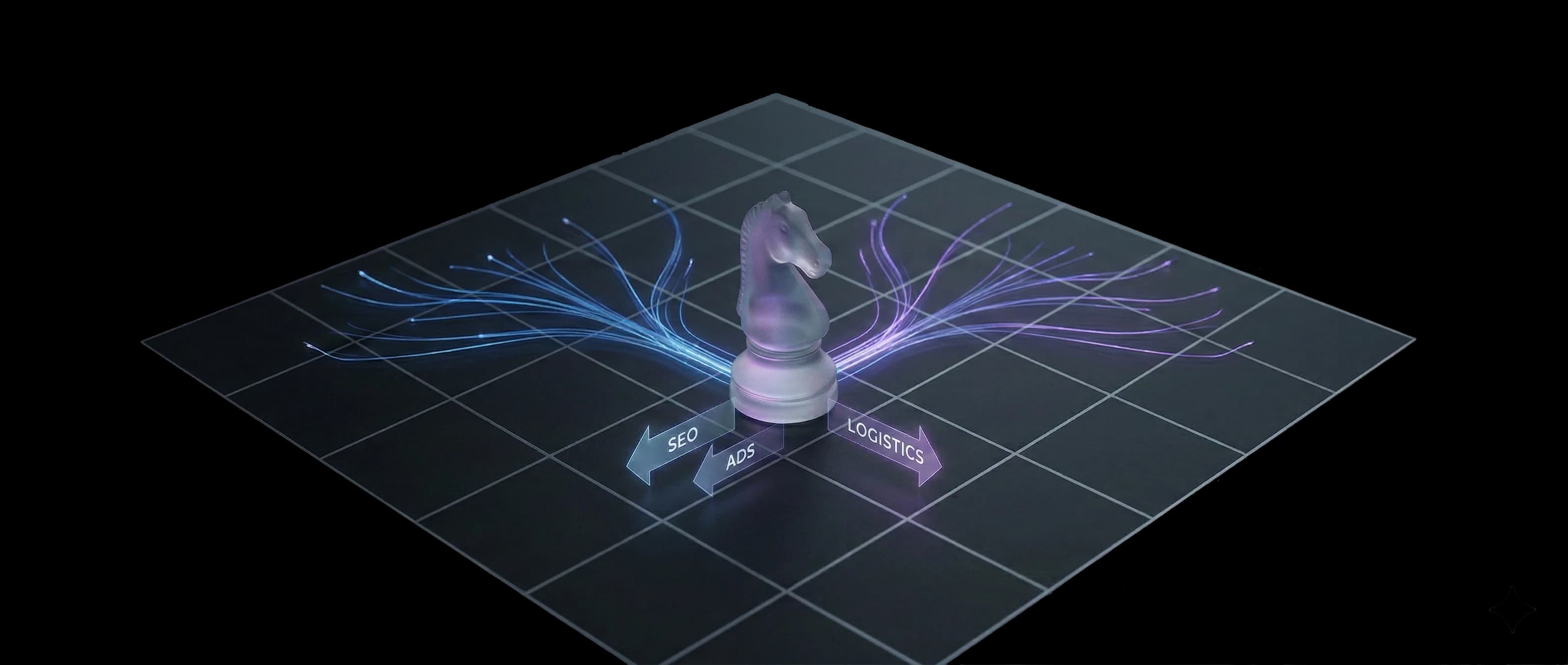 Chess knight on strategic grid with SEO, Ads, and Logistics pathways